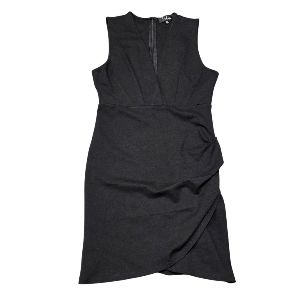 Lulus Sleeveless V-Neck Ruched Faux Wrap Dress Womens Medium Black Rayon Blend